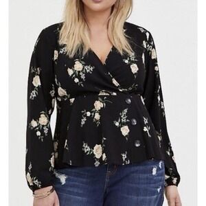 Torrid Black Floral Crepe Surplice Wrap Peplum Top Size 1X Cottage Ore Romantic